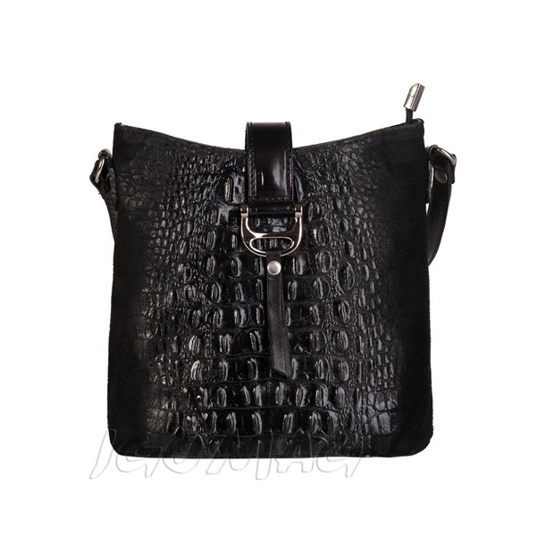 Włoska torebka skórzana listonoszka zamsz + krokodyl czarna (TS-1902-01)