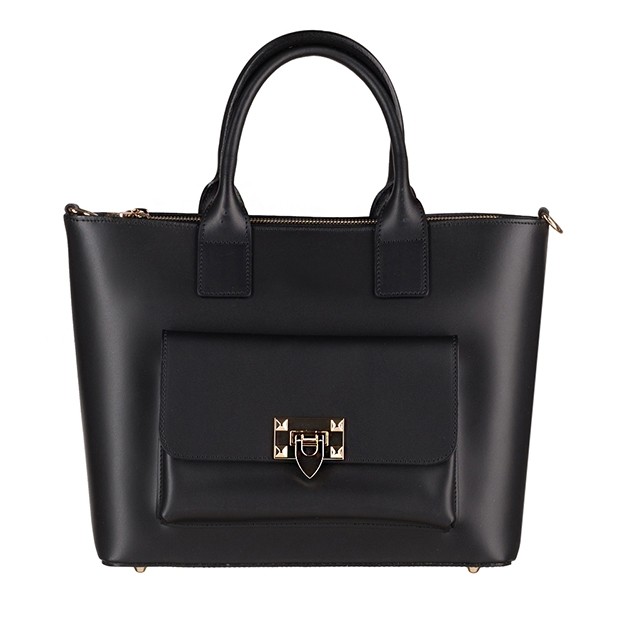 Vera Pelle - Włoska elegancka torebka kuferek z kieszonką matowa skóra czarna (TS-3902-01)